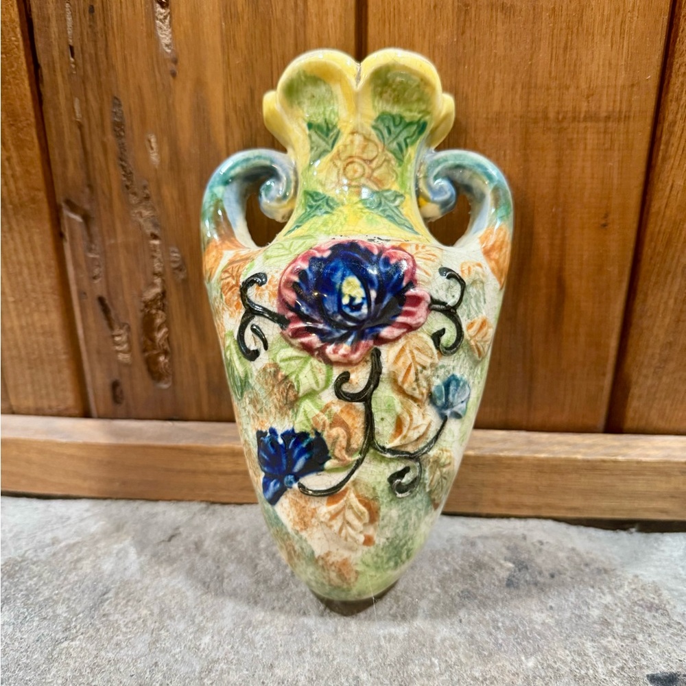 Vintage Floral Ceramic Wall Pocket Vase with Blue and Yellow Accents